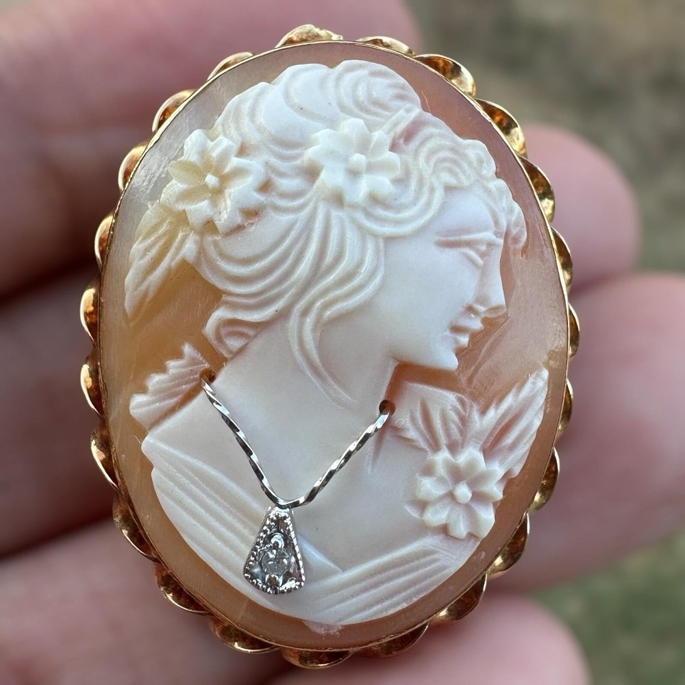Art Deco Cameo Brooch Pendant 1.4 Inch Diamond Carved Shell 14K Yellow Gold 6.2g